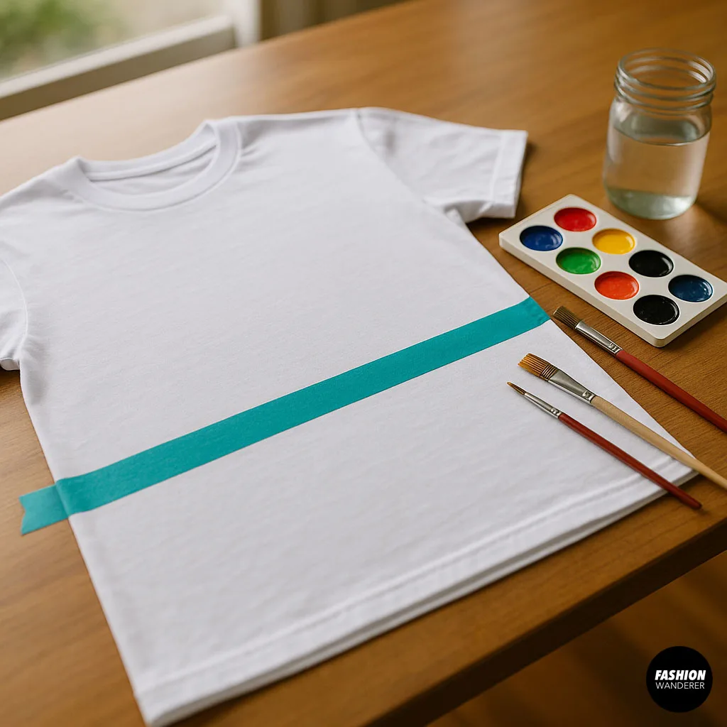 Flatlay of fabric painting supplies for DIY t-shirt art — includes paint jars, brushes, white tee, iron, water cup, masking tape, and paint palette on a wooden table.