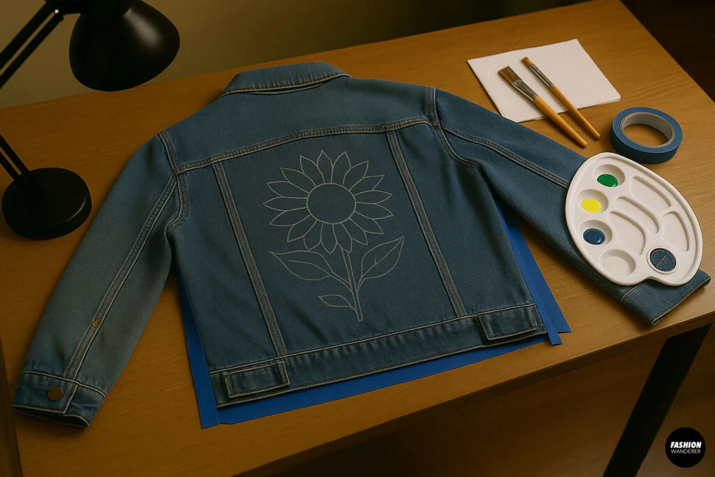 Denim jacket on table with sunflower sketch on the back, surrounded by paint palette, brushes, and blue painter’s tape for DIY painting setup.