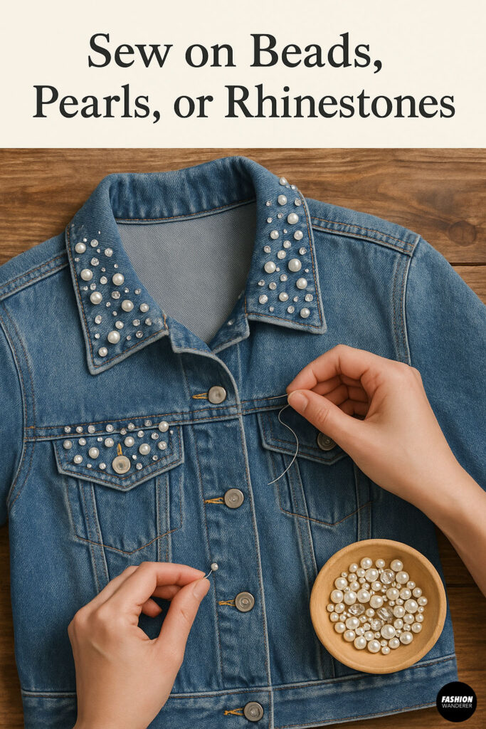 Close-up of hands sewing pearls and rhinestones onto the collar and pockets of a denim jacket with a bowl of decorative beads nearby.