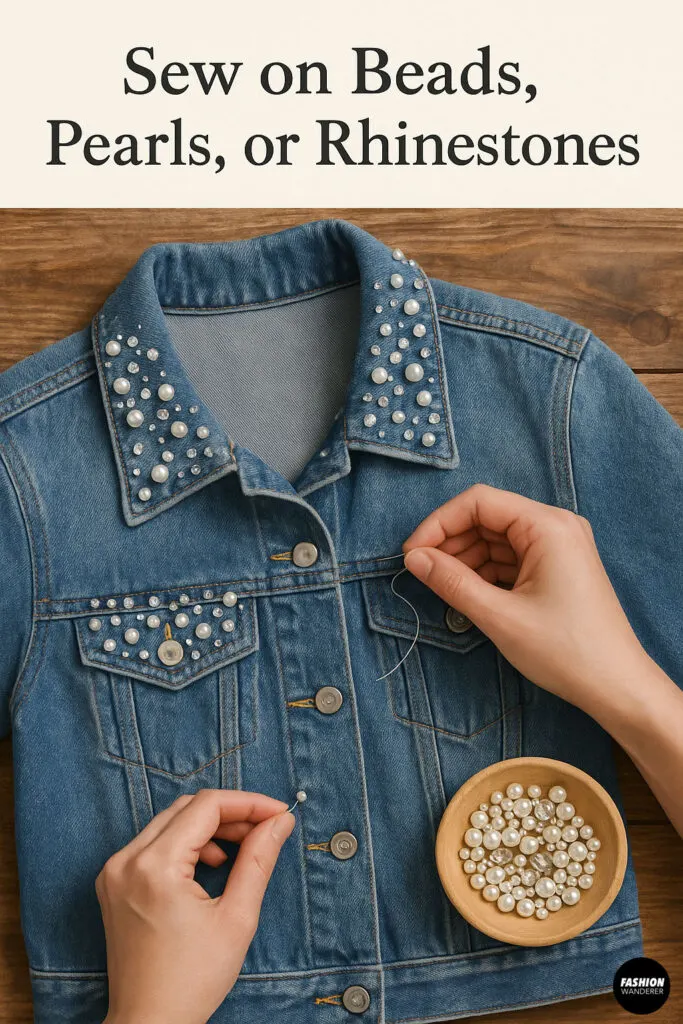 Close-up of hands sewing pearls and rhinestones onto the collar and pockets of a denim jacket with a bowl of decorative beads nearby.