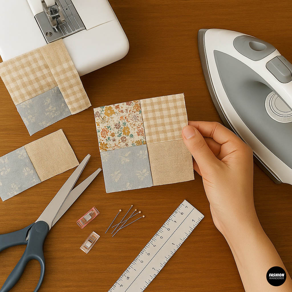 Hands holding a four-patch fabric square next to an iron and sewing pins, illustrating sewing patchwork squares together for a t-shirt pocket.