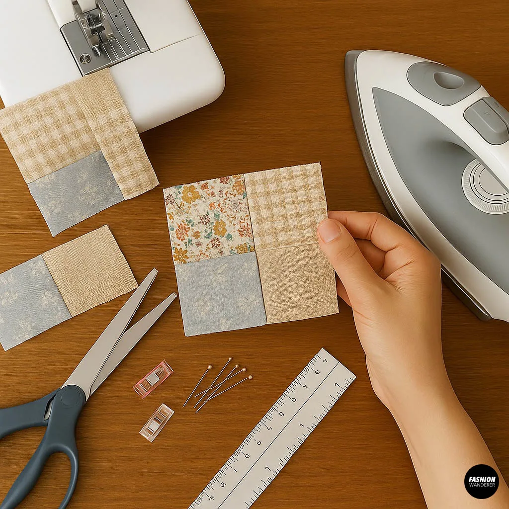 Hands holding a four-patch fabric square next to an iron and sewing pins, illustrating sewing patchwork squares together for a t-shirt pocket.