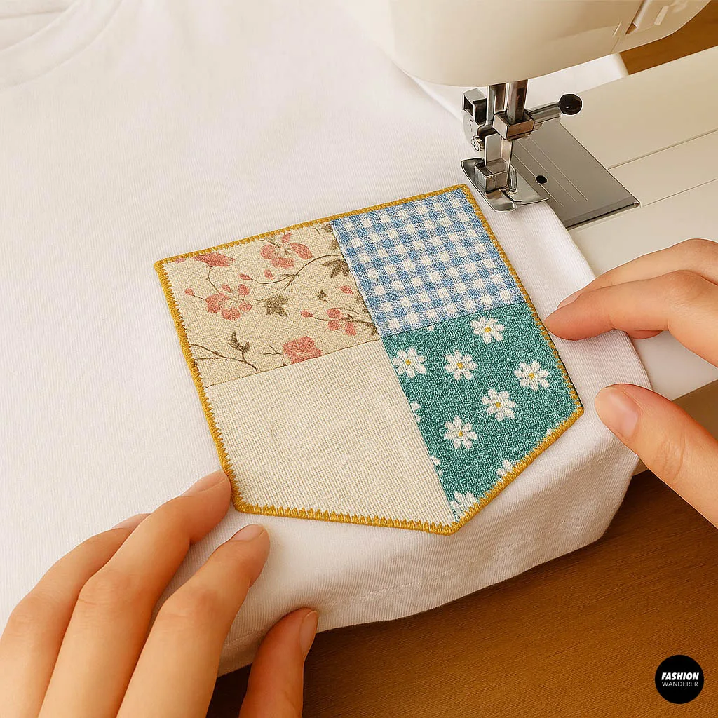 Sewing machine stitching a colorful patchwork pocket onto a white t-shirt, demonstrating pocket attachment.