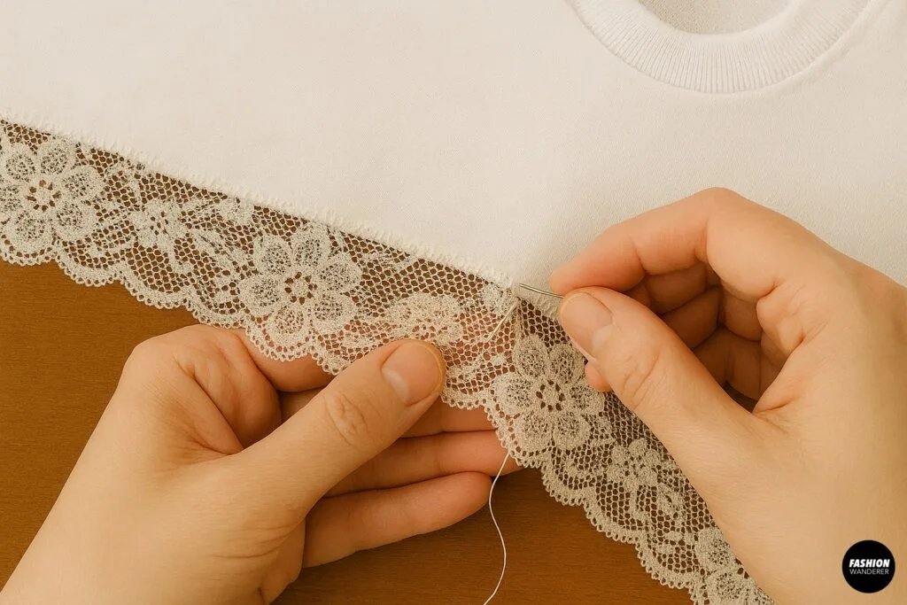 Close-up of hands hand-stitching lace trim to the hem of a white T-shirt using a sewing needle and white thread.