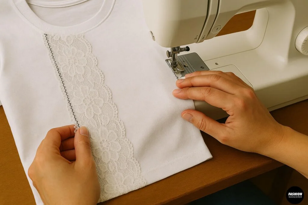 Hands sewing a white floral lace insert onto a white T-shirt with a sewing machine, using a zigzag stitch.