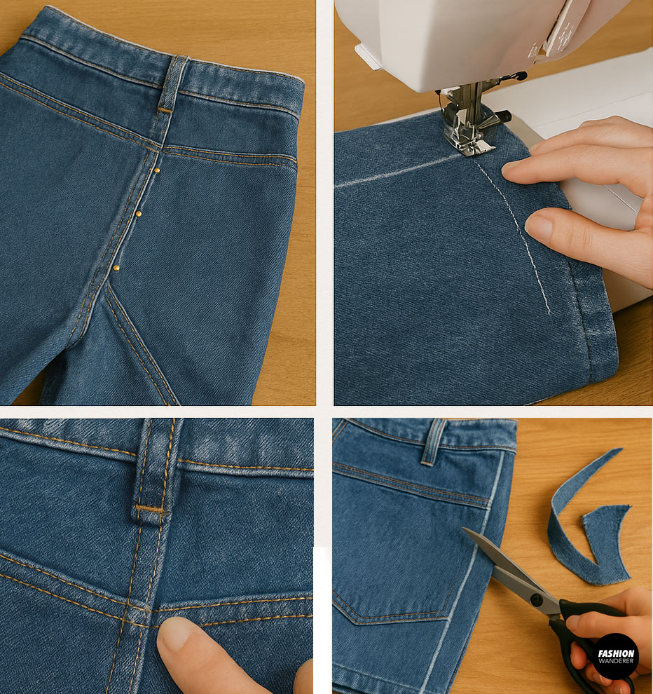 Pinning, stitching, and trimming newly shaped denim seam to tailor jeans waistband for better fit