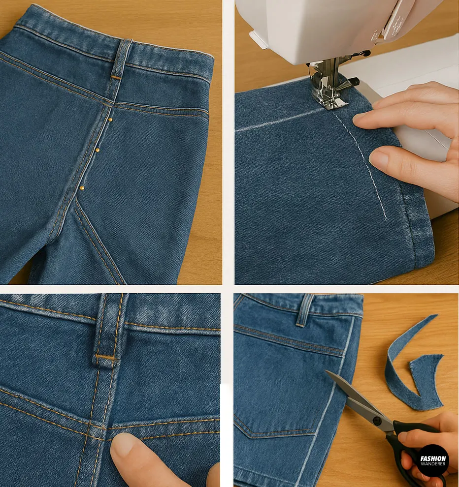 Pinning, stitching, and trimming newly shaped denim seam to tailor jeans waistband for better fit