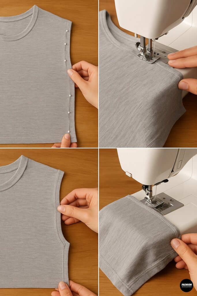 Step-by-step collage showing how to sew dog clothes from old shirts, including pinning fabric edges, sewing on a machine, finished armhole and hem details on gray fabric.