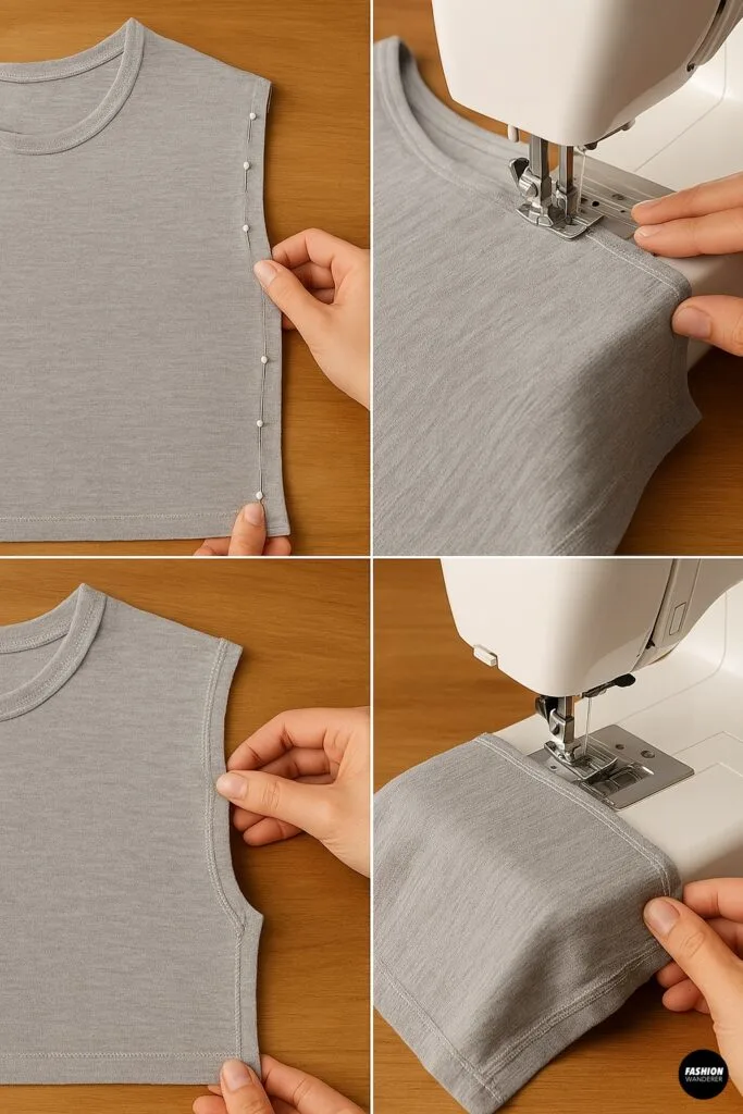 Step-by-step collage showing how to sew dog clothes from old shirts, including pinning fabric edges, sewing on a machine, finished armhole and hem details on gray fabric.
