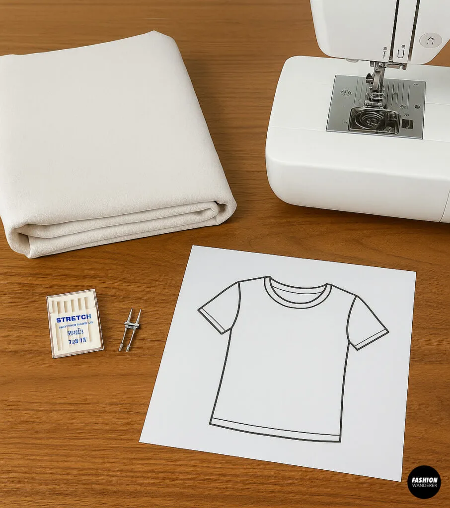 Flatlay of gray cotton-spandex T-shirt, black fabric scissors, blue chalk triangle, and wooden ruler on a wood background for sewing stretch garments.