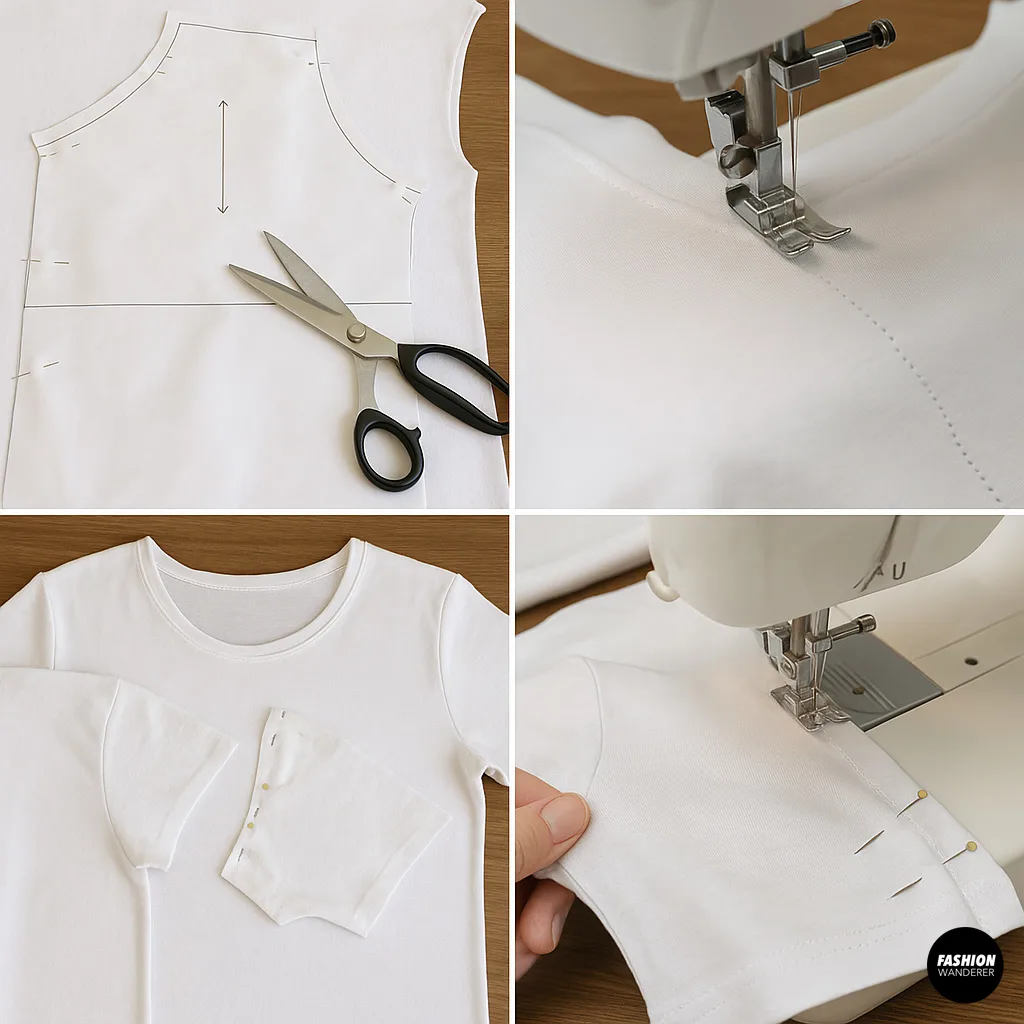 Four-step collage: pattern piece pinned on white T-shirt, sewing machine stitching shoulder seam, removed sleeve pinned flat, and machine-sewn sleeve hem.