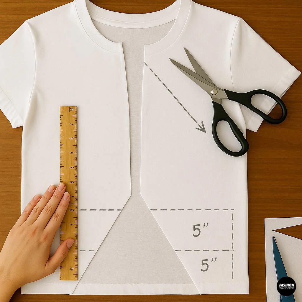 White t-shirt with chalk markings showing the triangular hem shape and tie ends, fabric scissors and paper pattern pieces nearby.