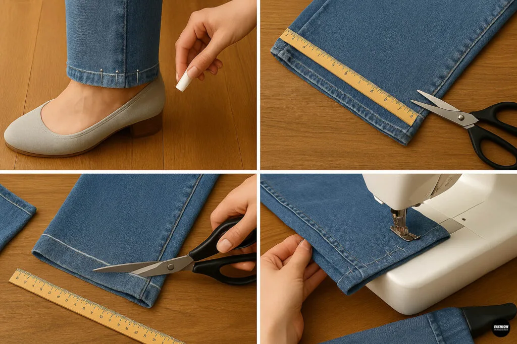 Collage of two images: (left) two pairs of fabric scissors flanking a wooden ruler on a jeans leg to mark hem length; (right) a hand pinching the side seam of a jeans leg to mark the new seam allowance.