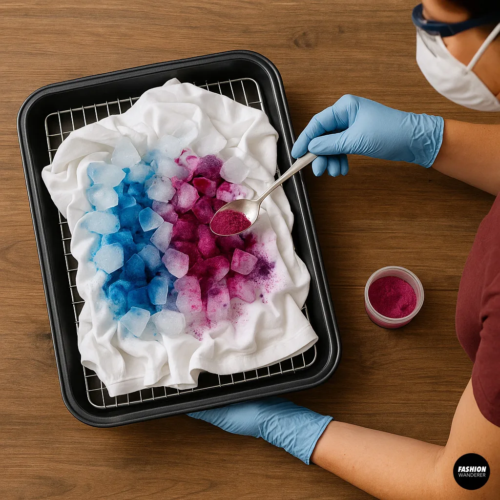 Step-by-step image showing sprinkling of pink and blue fabric dye powders onto ice cubes placed on a white cotton t-shirt set inside a baking tray for watercolor ice dye effect.