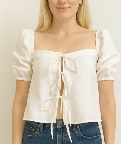 Square neck puff sleeve blouse with front tie closures – romantic refashion from button-up or men’s shirt for cottagecore vibes.