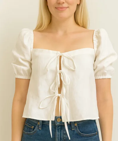Square neck puff sleeve blouse with front tie closures – romantic refashion from button-up or men’s shirt for cottagecore vibes.
