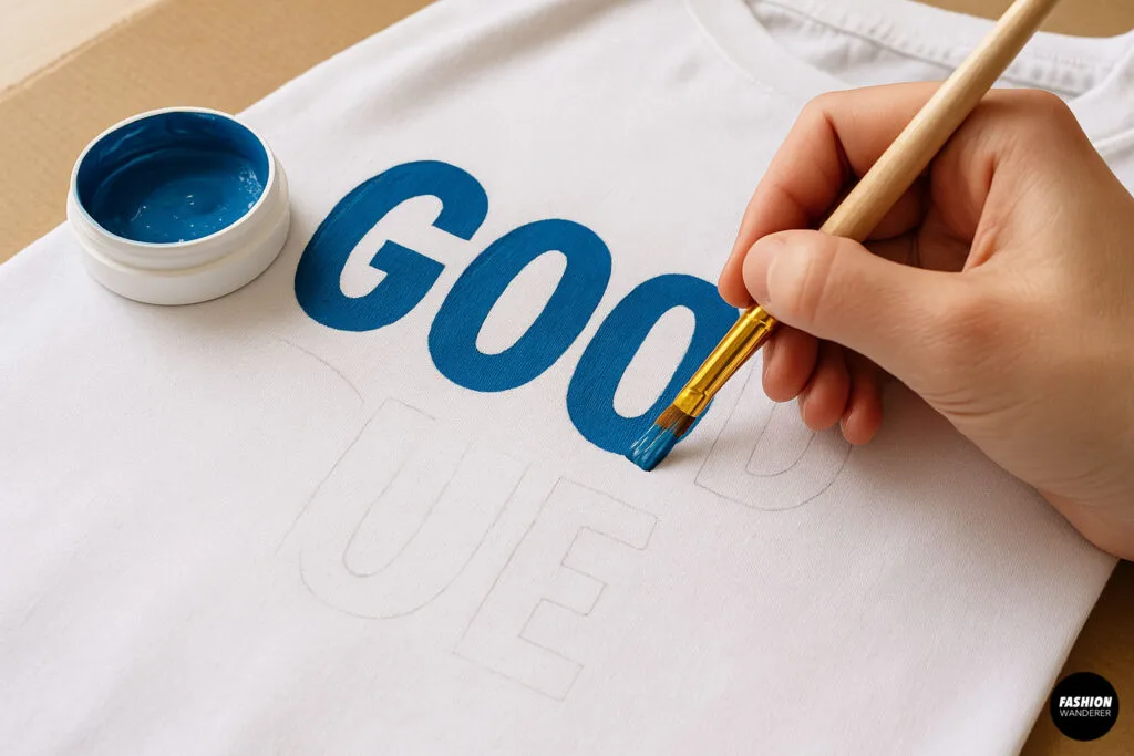 Close-up of hand painting blue letters on a white t-shirt using fabric paint and stencil outline — creating a bold “GOOD VIBES” graphic design for a DIY custom tee.