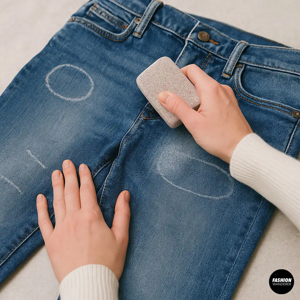 Hands using pumice stone to sand jeans in marked areas to create a natural worn effect.