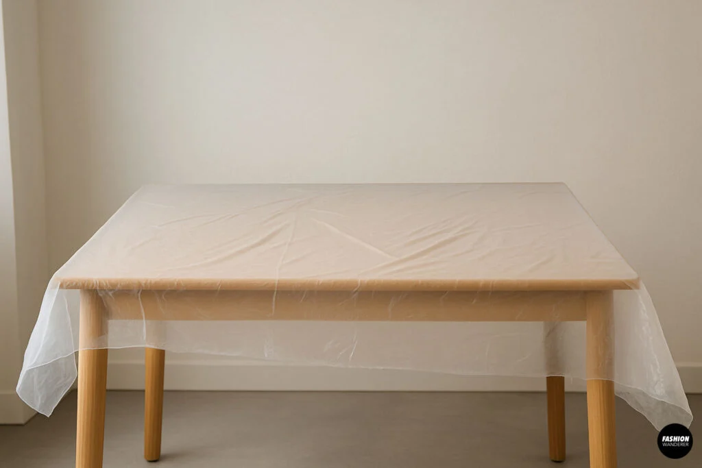 Clean wooden table covered with a plastic sheet, ready for tie dyeing setup.