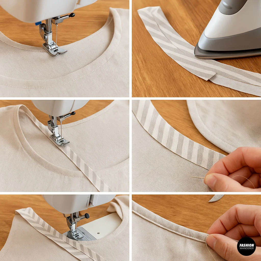 Six-step photo collage showing how to apply invisible bias binding to a neckline using both machine stitching and hand sewing for a polished result.