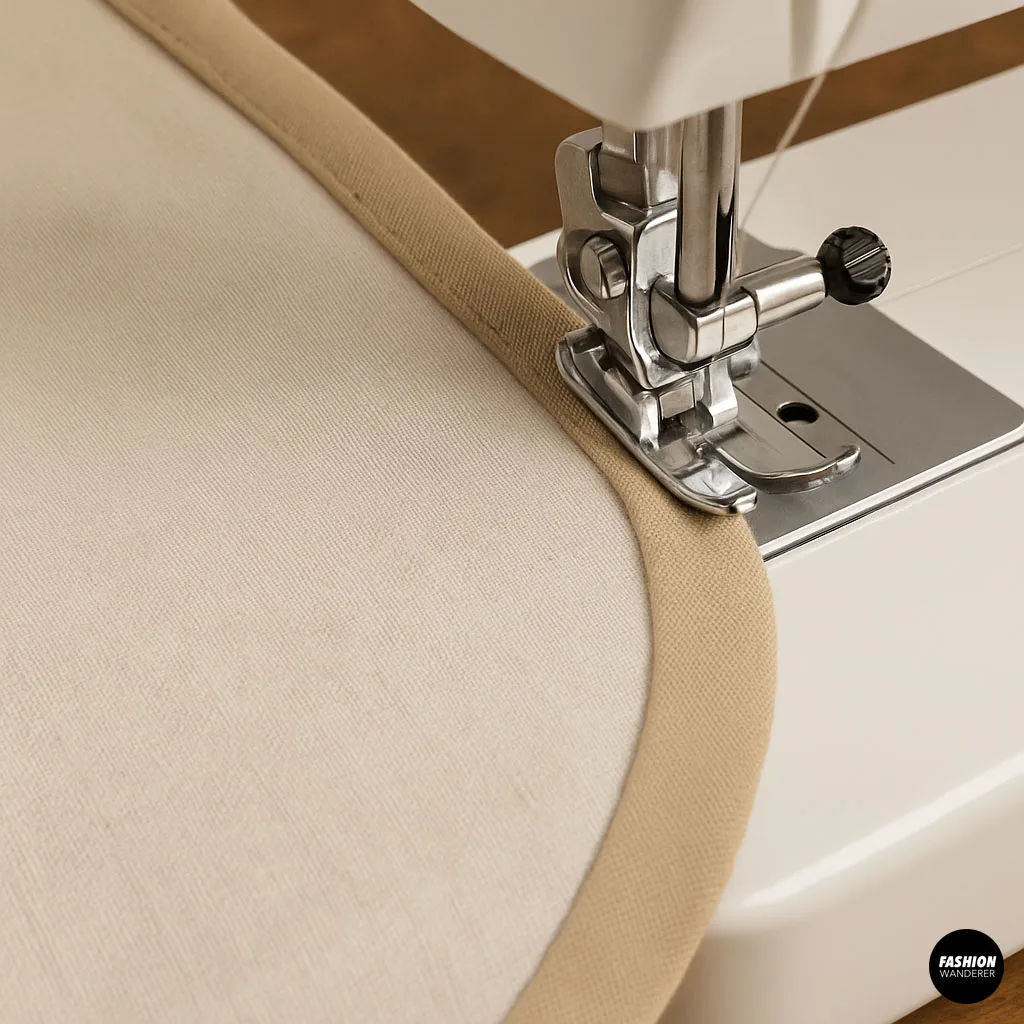 Close-up of sewing machine needle stitching in the ditch along the edge of a beige bias binding for a clean invisible finish.