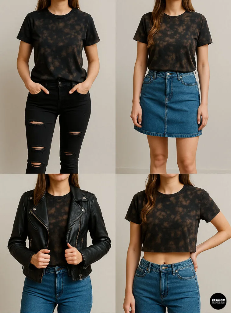 Four outfit ideas styling a bleached black acid wash t-shirt — paired with black jeans, denim skirt, leather jacket, and high-waisted blue jeans for trendy fashion inspiration.