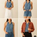 Photo collage showing four styling options for a DIY denim halter top: paired with a white tiered maxi skirt for a boho look, denim shorts and bangles for a festival vibe, high-rise jeans for classic casual style, and layered with a rust cropped jacket for chic versatility.