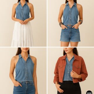 Photo collage showing four styling options for a DIY denim halter top: paired with a white tiered maxi skirt for a boho look, denim shorts and bangles for a festival vibe, high-rise jeans for classic casual style, and layered with a rust cropped jacket for chic versatility.