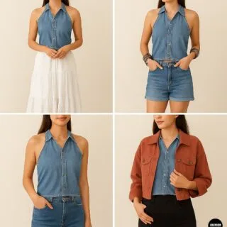 Photo collage showing four styling options for a DIY denim halter top: paired with a white tiered maxi skirt for a boho look, denim shorts and bangles for a festival vibe, high-rise jeans for classic casual style, and layered with a rust cropped jacket for chic versatility.
