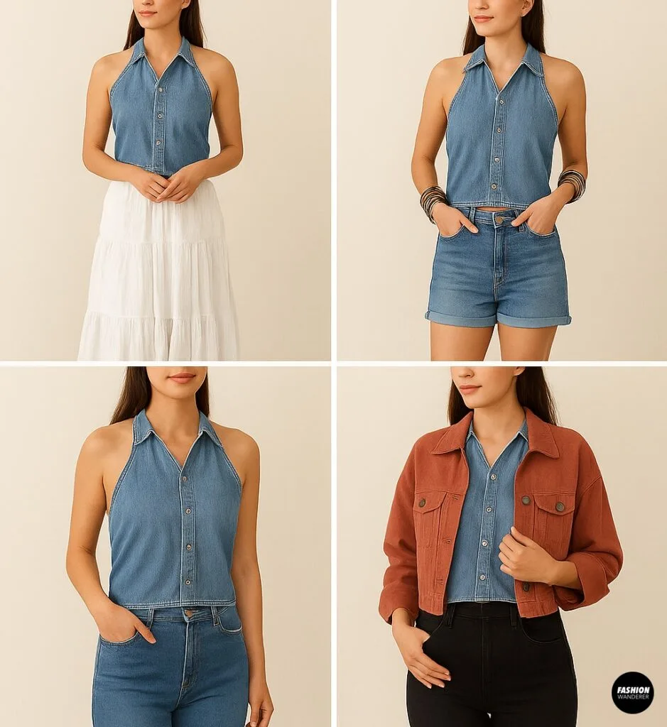 Photo collage showing four styling options for a DIY denim halter top: paired with a white tiered maxi skirt for a boho look, denim shorts and bangles for a festival vibe, high-rise jeans for classic casual style, and layered with a rust cropped jacket for chic versatility.