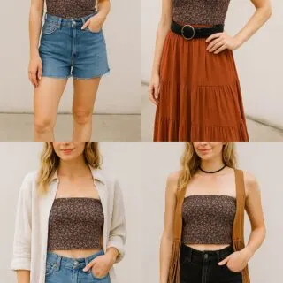 Four-image style collage showing different ways to wear a DIY tube top: paired with high-waisted denim shorts and layered necklaces, tucked into a flowy maxi skirt with a statement belt, layered under an open linen shirt, and festival ready with a fringe vest and ankle boots.