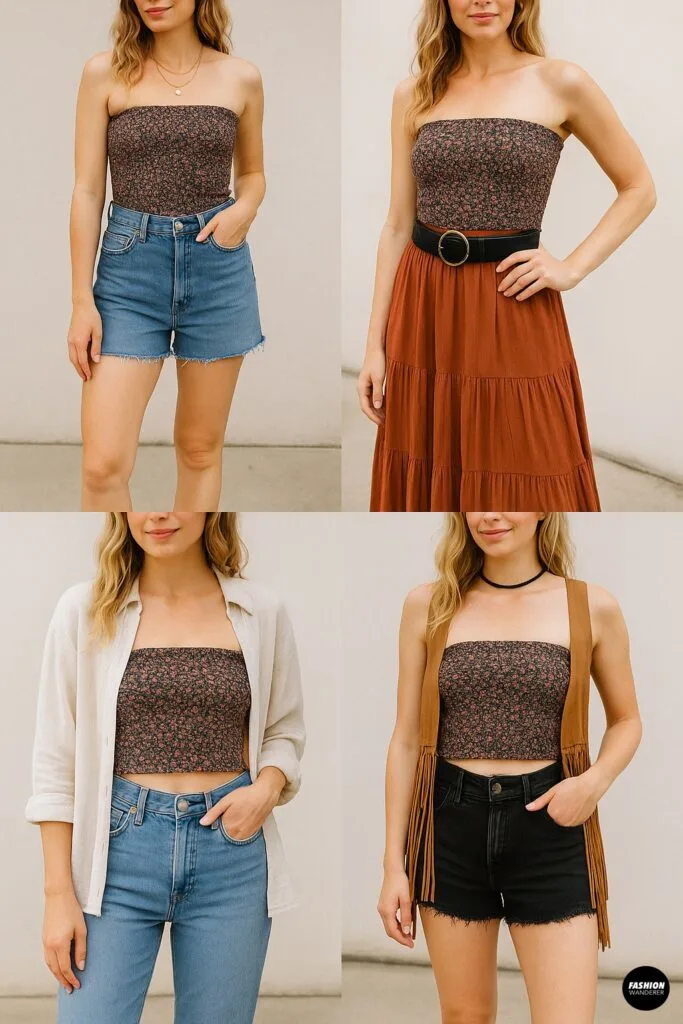 Four-image style collage showing different ways to wear a DIY tube top: paired with high-waisted denim shorts and layered necklaces, tucked into a flowy maxi skirt with a statement belt, layered under an open linen shirt, and festival ready with a fringe vest and ankle boots.