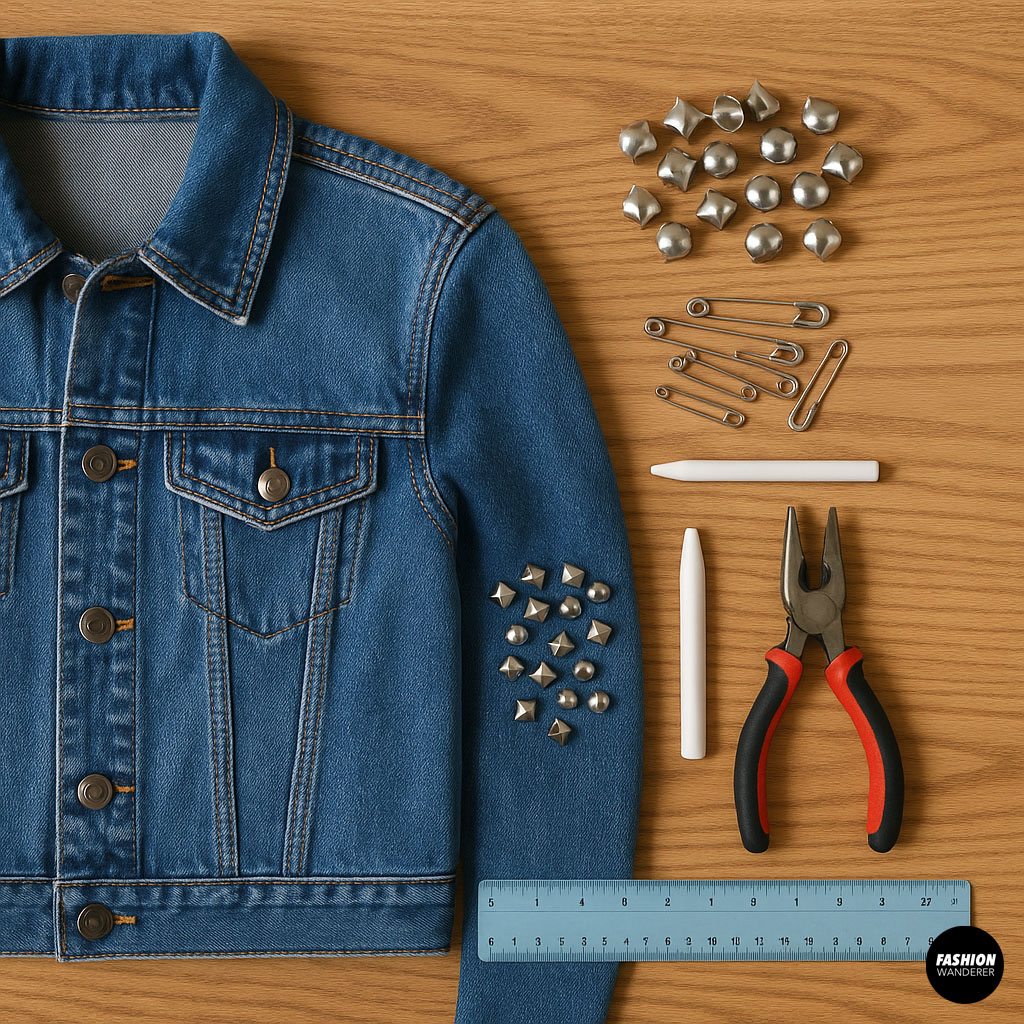 Top-down view of denim jacket and supplies for DIY embellishment including studs, safety pins, pliers, chalk, and a ruler on wood table.