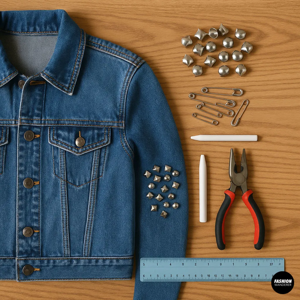 Top-down view of denim jacket and supplies for DIY embellishment including studs, safety pins, pliers, chalk, and a ruler on wood table.