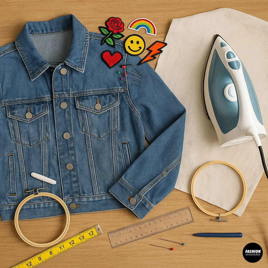 Overhead view of DIY supplies for decorating a denim jacket including patches, iron, hoop, chalk, measuring tape, and a denim jacket.