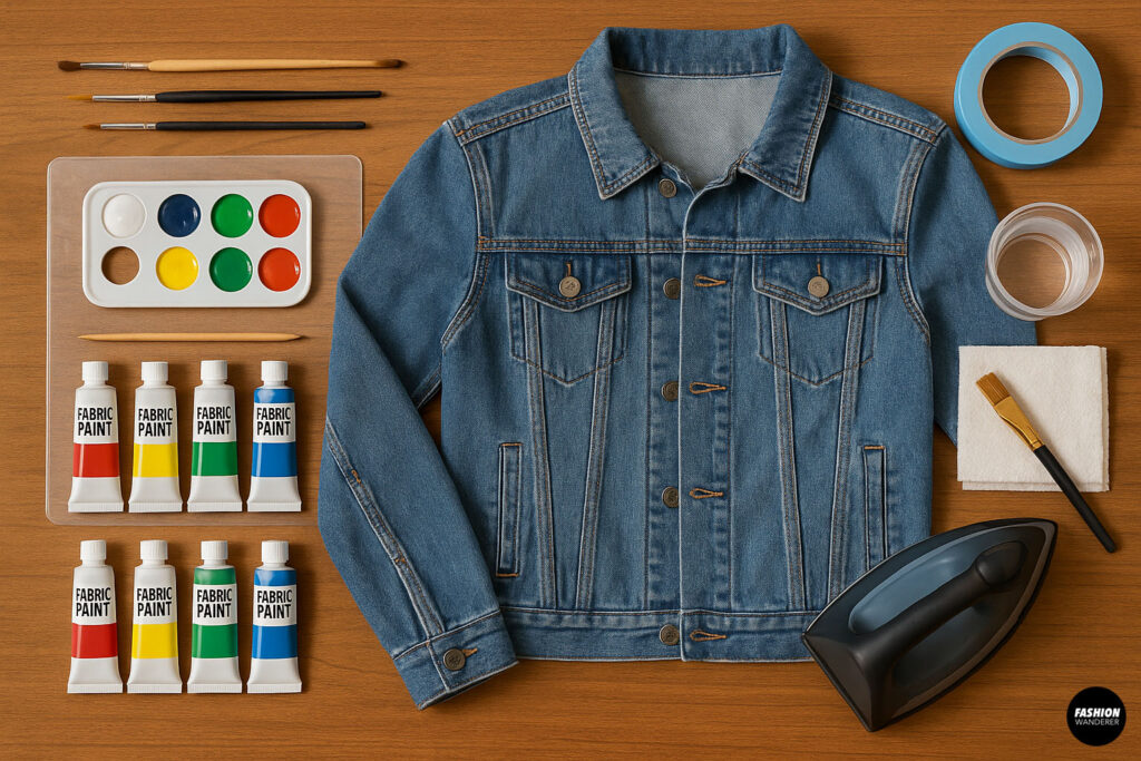 Flatlay of supplies for painting on denim including fabric paint, brushes, painter's tape, a denim jacket, palette, and iron on wood table.