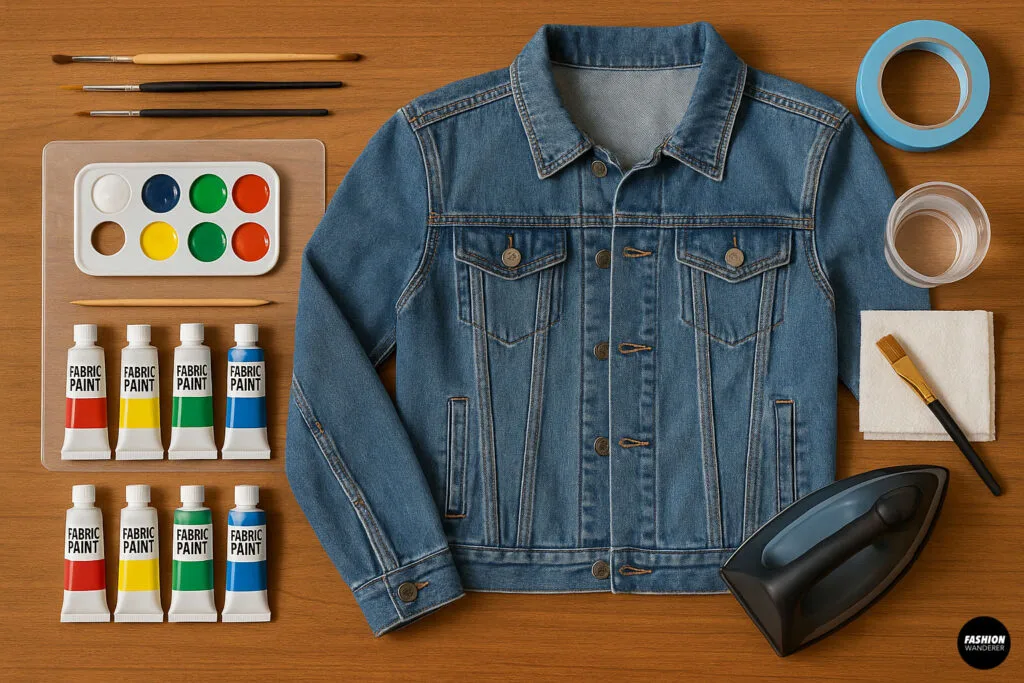 Flatlay of supplies for painting on denim including fabric paint, brushes, painter's tape, a denim jacket, palette, and iron on wood table.