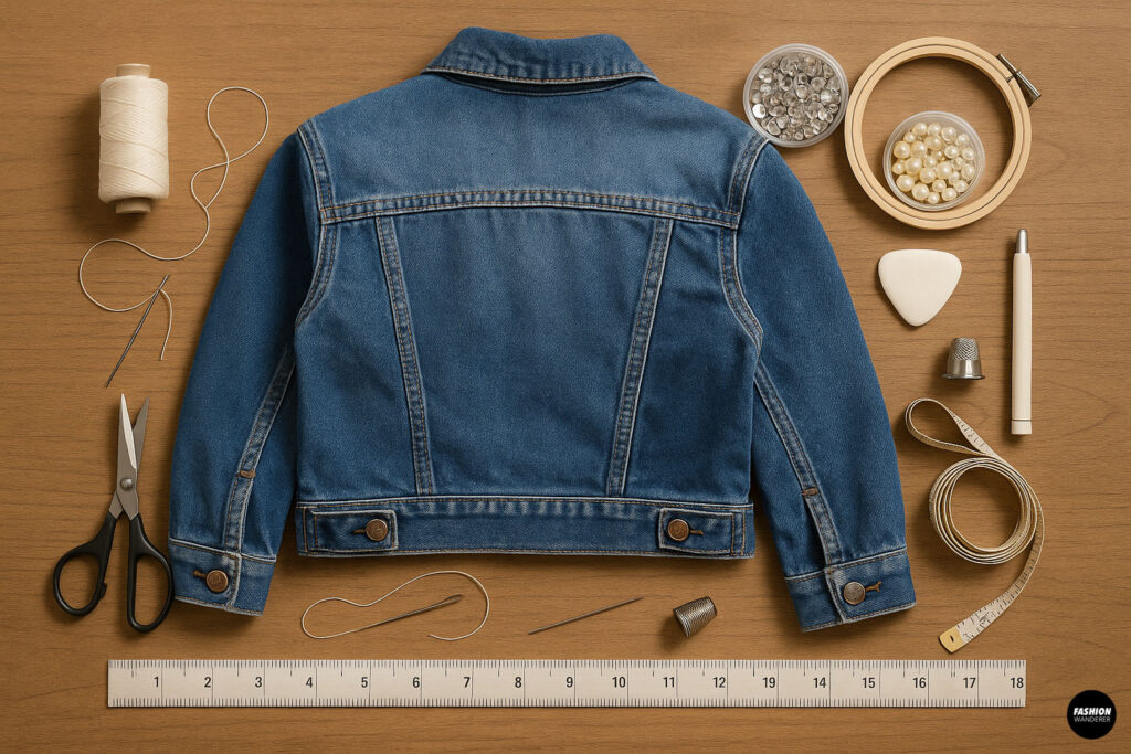 Flat lay photo of denim jacket and sewing tools including scissors, thread, pearls, rhinestones, chalk, and embroidery hoop arranged on a wooden table for DIY embellishment.