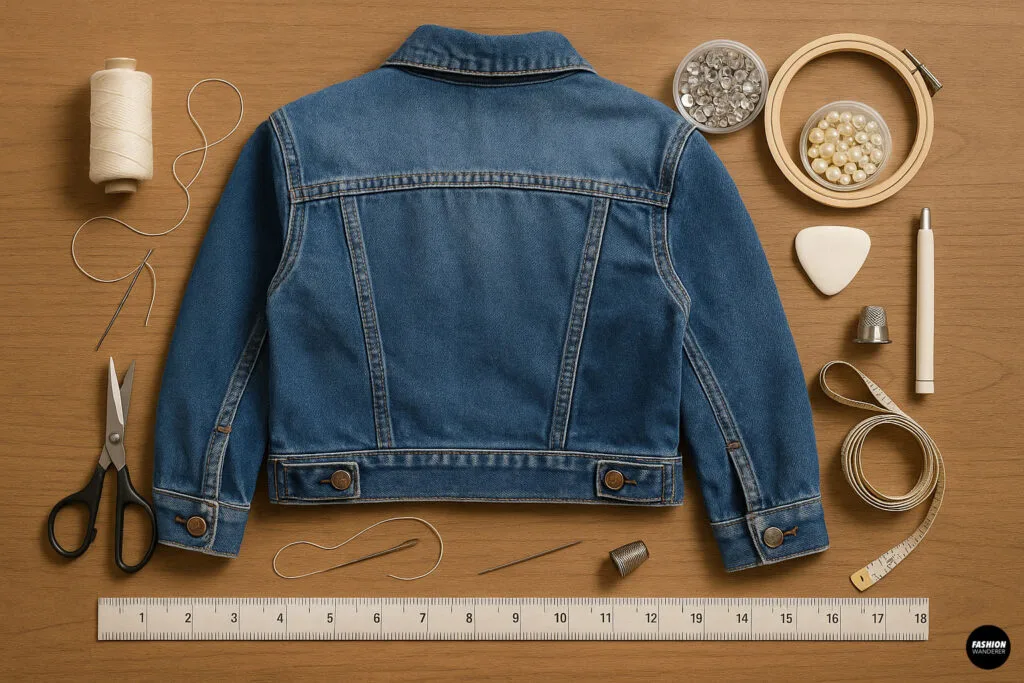 Flat lay photo of denim jacket and sewing tools including scissors, thread, pearls, rhinestones, chalk, and embroidery hoop arranged on a wooden table for DIY embellishment.