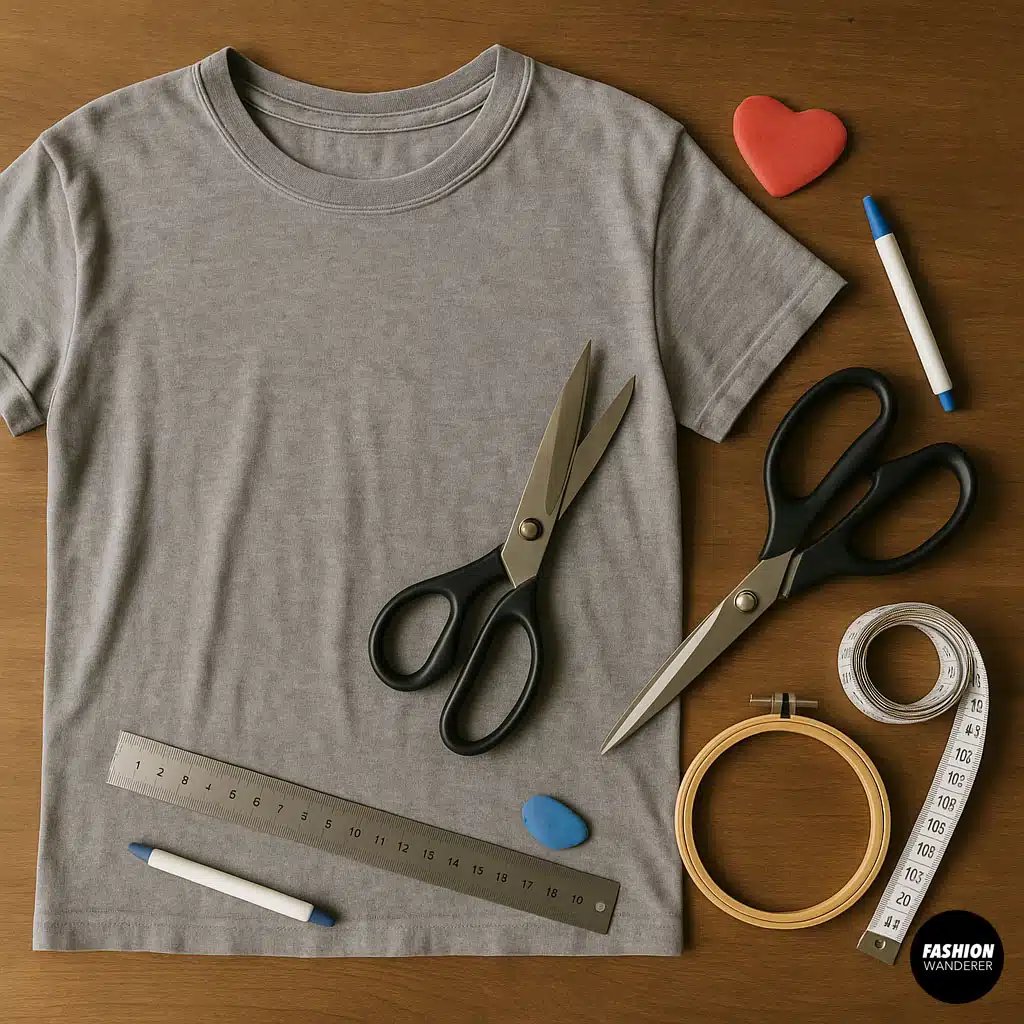 Flatlay of DIY cutting supplies on a wooden table — includes gray t-shirt, scissors, measuring tape, ruler, chalk, and embroidery hoop for no-sew fashion projects.