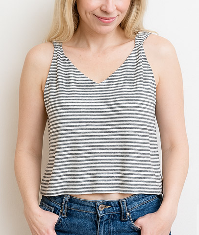 Homemade striped v-neck tank top from recycled t-shirt – casual and comfy no-sew summer style.