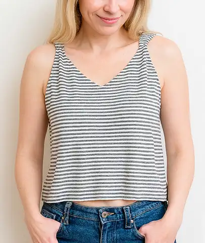 Homemade striped v-neck tank top from recycled t-shirt – casual and comfy no-sew summer style.