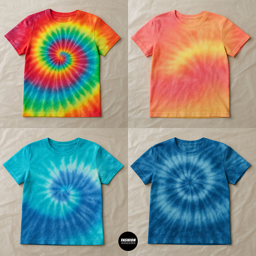 Flatlay of four colorful tie dye t-shirts with spiral patterns in various color combinations including rainbow, sunset, ocean blue, and monochrome indigo.