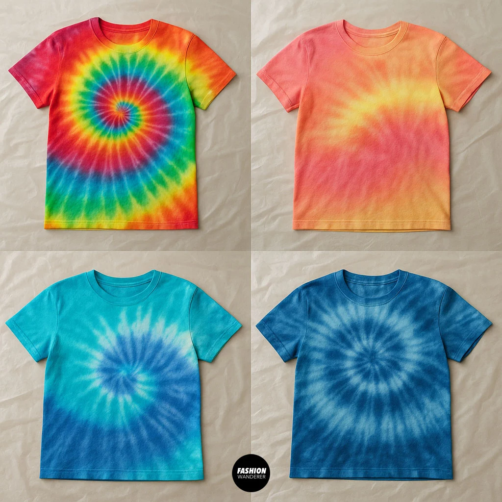 Flatlay of four colorful tie dye t-shirts with spiral patterns in various color combinations including rainbow, sunset, ocean blue, and monochrome indigo.