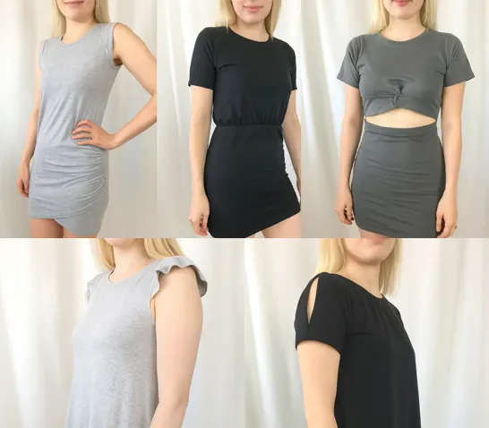 T-shirt dress makeover ideas: sleeveless bodycon, elastic waist dress, twist front cutout dress, flutter sleeve detail, and shoulder slit tee dress – comfy and creative no-sew fashion upgrades.