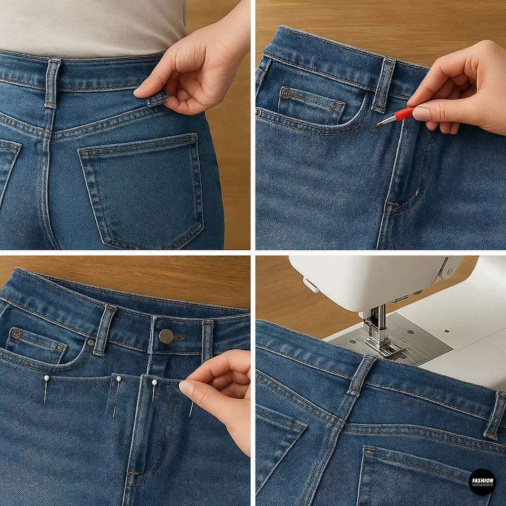 Collage of two images: (top) a hand lifting the jeans waistband to reveal excess fabric, secured with straight pins; (bottom) a sewing machine stitching a new seam at the center back waist.