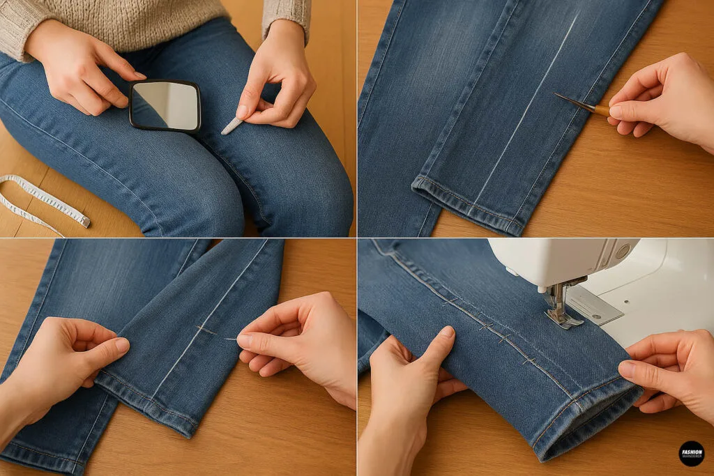 Collage of two images: (left) a person using tailor&rsquo;s chalk and a small mirror to mark a taper line on a worn pair of jeans; (right) a hand using a seam ripper to open the side seam along the chalk line.