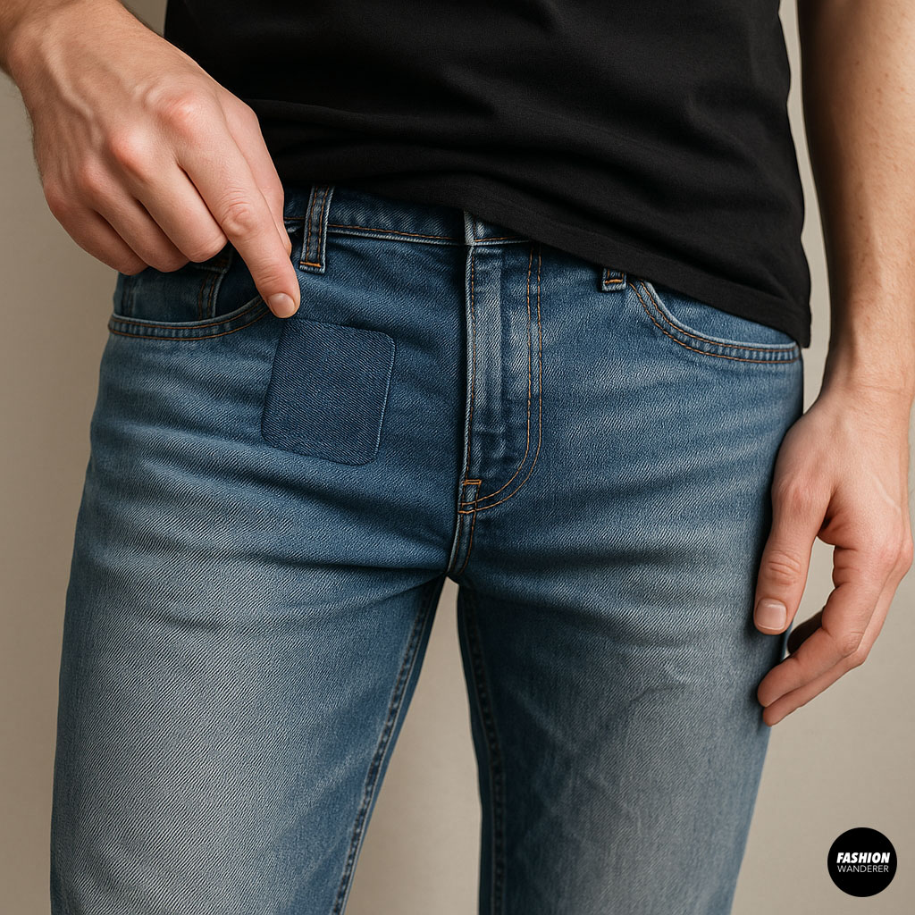 Person pointing at repaired crotch area of jeans with visible denim patch after no-sew fix.
