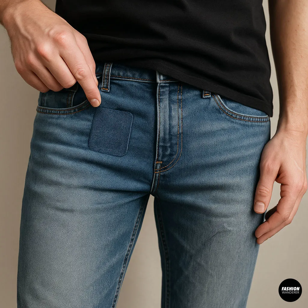 Person pointing at repaired crotch area of jeans with visible denim patch after no-sew fix.