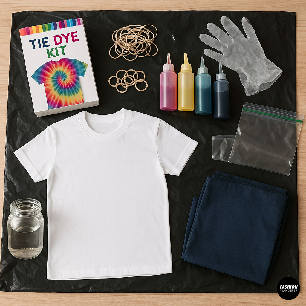 Flatlay of tie dye kit essentials including white t-shirt, rubber bands, dye bottles, gloves, plastic bags, and instructions on a black table cover.